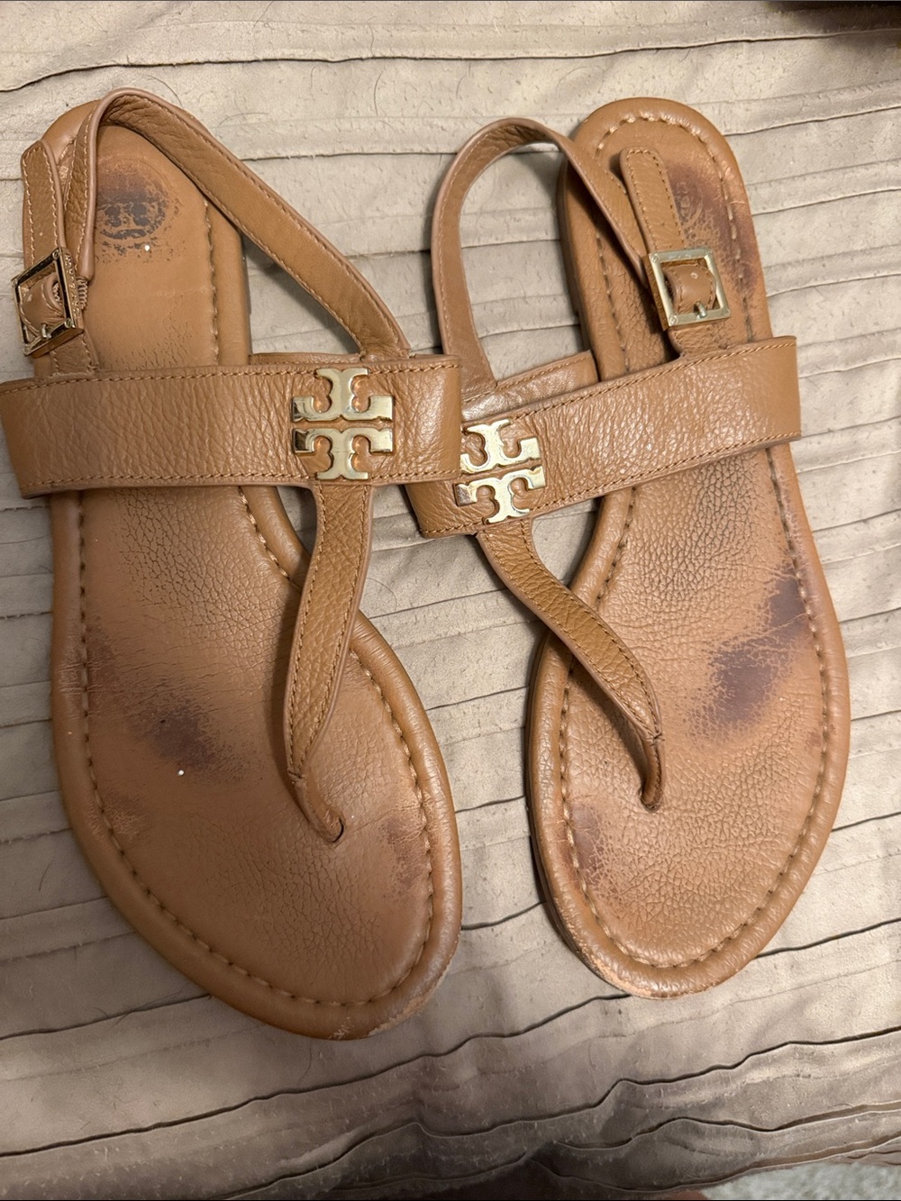 Tory Burch Tan Leather Logo T-Strap Sandals with Gold Emblem